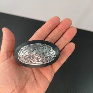 Hand Carved Wooden Trinket Box with Metal Plate Top Elephant Pill Box Stash